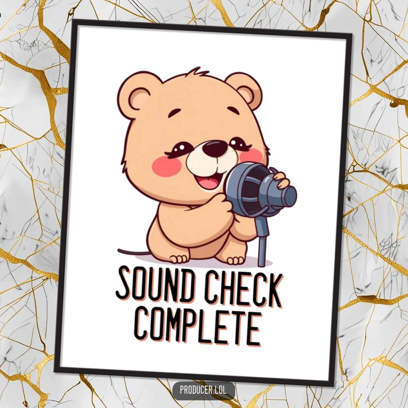 Funny digital art print of a cartoon bear with intense, happy concentration, leaning into a microphone, capturing a performance moment.