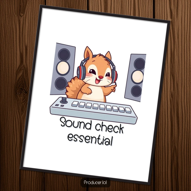Funny Squirrel DJ Digital Art: An energetic squirrel with a headset joyfully operates a soundboard, a vibrant piece for music enthusiasts' decor.