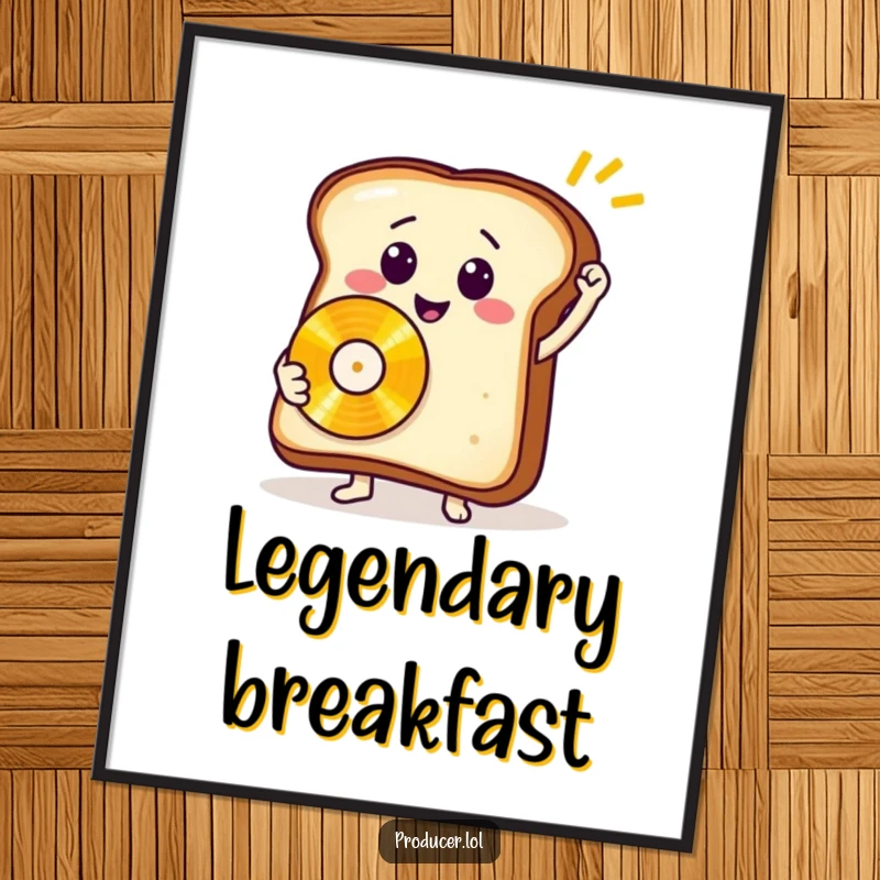 Funny toast record digital art print, a smiling slice of bread celebrating musical success with a golden record, full of cheer.