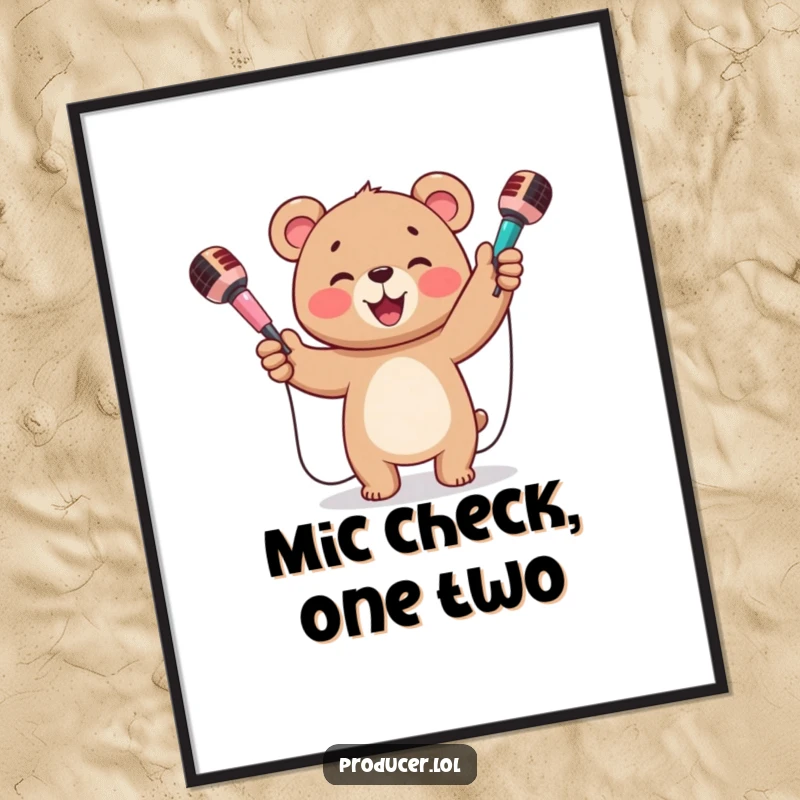 Funny digital art print of a happy bear cub beaming and enthusiastically juggling three colorful microphones.
