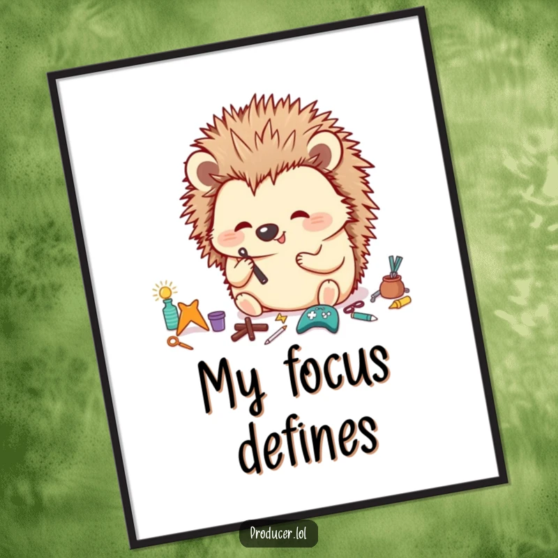 Funny Hedgehog Digital Art showing a happy hedgehog meticulously organizing tiny props with a focused look, printable humorous art, funny gift.