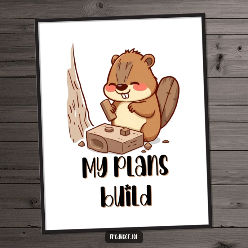 Funny Beaver Digital Art showing a busy beaver enthusiastically hammering a miniature set piece, printable humorous art, funny gift.