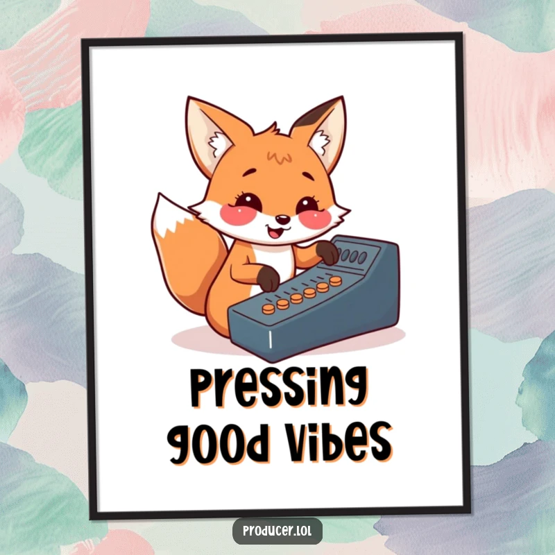 Funny fox digital art print, cheerful DJ theme, pressing soundboard buttons, vibrant wall art, instant download.