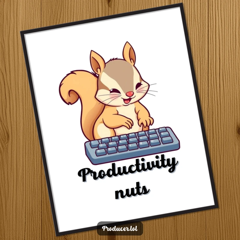 Funny digital art print of a busy squirrel energetically typing on a keyboard with tiny paws, capturing a moment of intense focus.