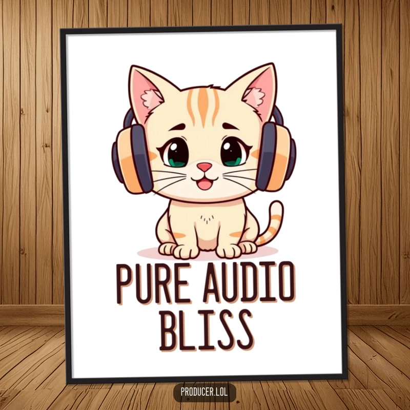 Funny cartoon cat intently listening through big headphones, with a joyful expression, ready to be printed as wall art.