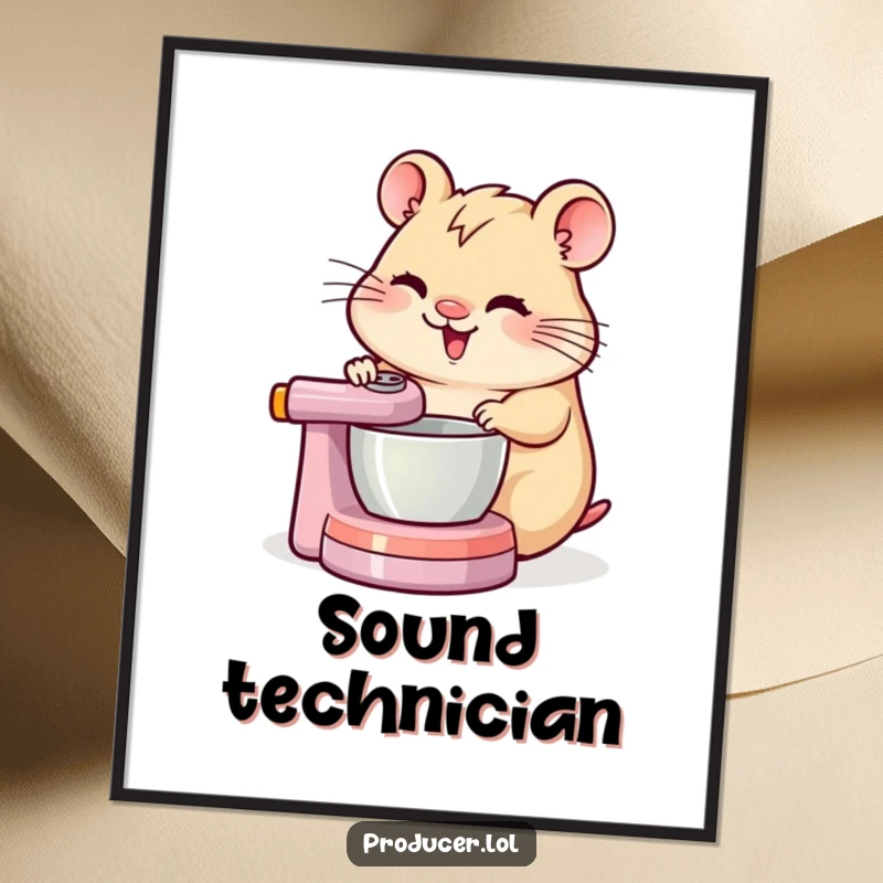 Funny cheerful hamster intently spinning a DJ mixing board, depicted as a vibrant digital art print.