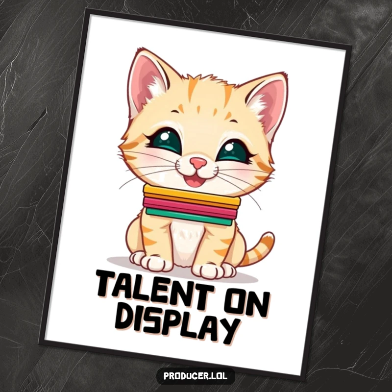 Funny Kitten Art Print: A giggling kitten balancing colorful cue cards on its nose, ready for instant download.