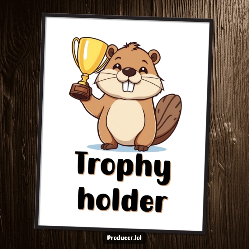 Funny digital art print of a determined beaver holding a trophy, a humorous and inspiring addition to any wall decor.