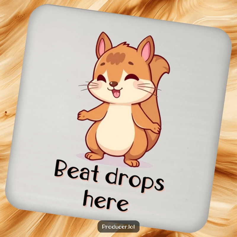 Funny drink coaster showcasing an energetic squirrel bouncing and rhythmically nodding its head to an upbeat musical beat.