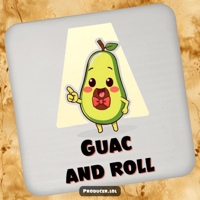 Funny avocado spotlight coaster, a protective disk with a dapper avocado pointing at a spotlight, bringing stylish humor to your home.