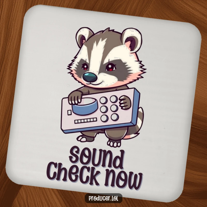 Funny badger drink coaster, protecting surfaces, music producer theme, stylish home accessory, perfect for bar areas.