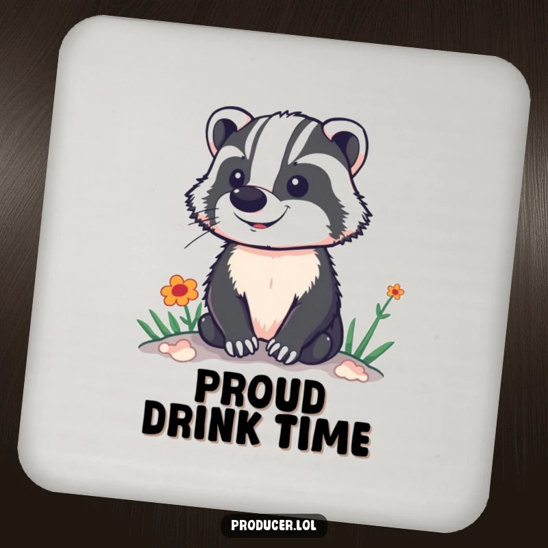 Funny drink coaster showcasing a proud badger standing tall, overlooking a brightly lit and vibrant stage or performance set.