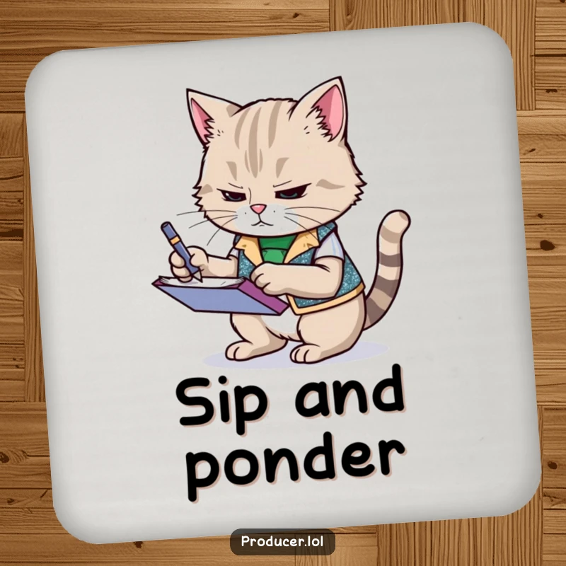 Funny cat wearing a sparkly vest, frantically scribbling notes on a notepad, absorbent drink coaster, humorous table protection accessory.