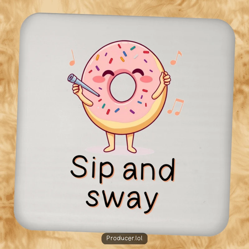 Funny donut conductor coaster, a protective disk with a joyful sprinkle donut leading an orchestra, bringing musical humor to your home.