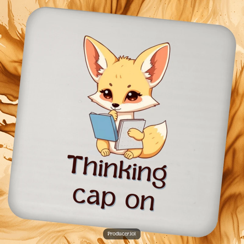 Funny fennec fox coaster, pondering writer, script notebook, drink protection, witty table accessory.