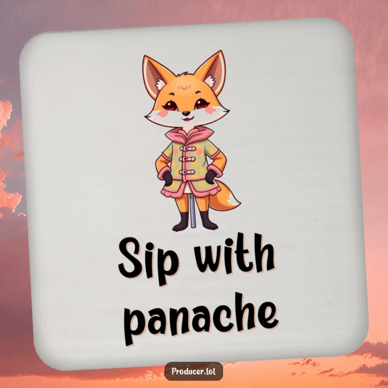 Funny Fox Coaster showing a confident fox designing a colorful costume on a mannequin with a flourish, protecting surfaces, funny gift.