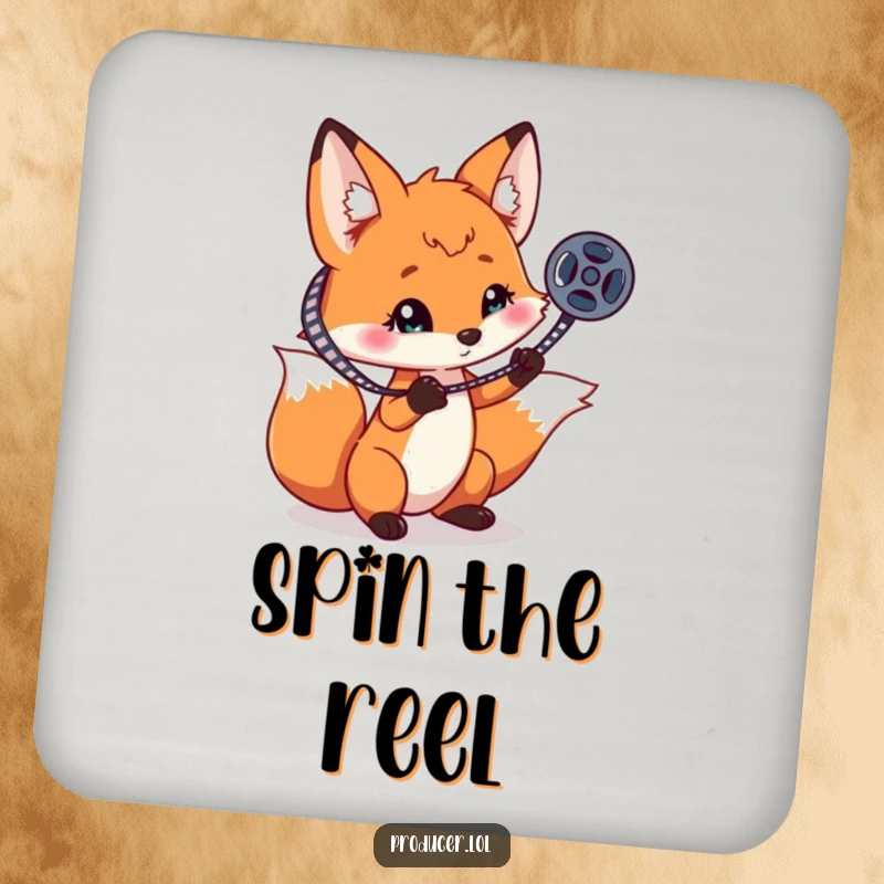 Funny playful fox spinning a film reel on one claw, a humorous set of coasters for protecting furniture.