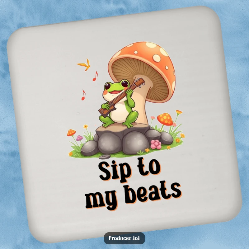 Funny Frog Symphony Coaster: A joyful frog plays music from a mushroom, a hilarious and protective coaster for beverages.