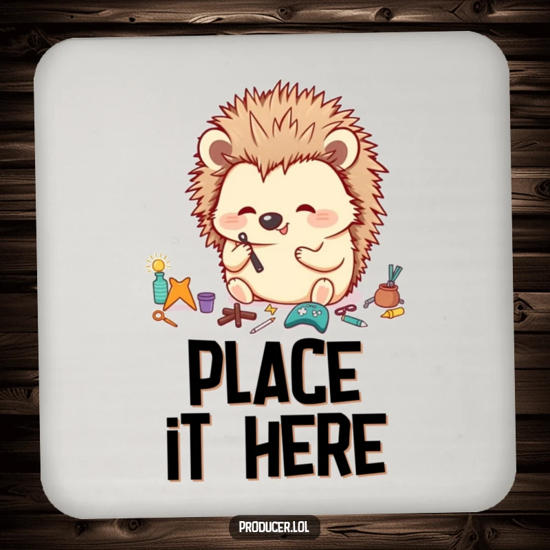 Funny Hedgehog Coaster showing a happy hedgehog meticulously organizing tiny props with a focused look, protecting surfaces, funny gift.