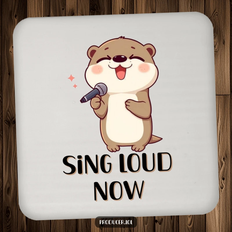 Funny otter drink coaster, singing with microphone, delighted performer design, bar accessory, perfect for music lovers.