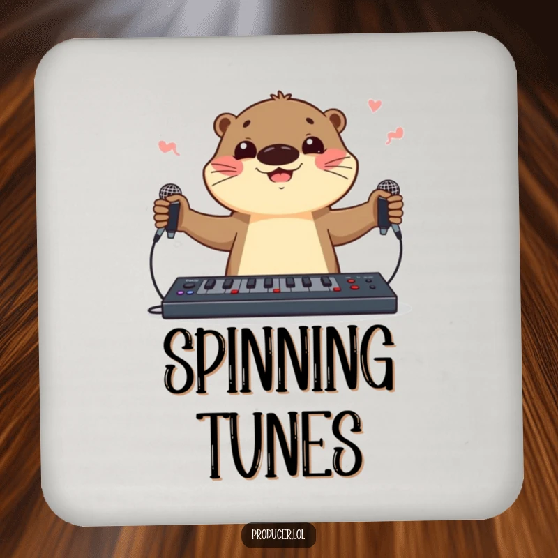 Funny otter DJ character drink coasters juggling microphones and a soundboard, adding musical flair and playful humor.