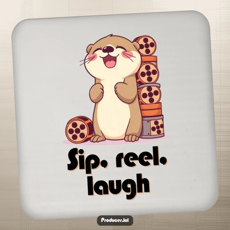 Funny drink coaster featuring a playful otter laughing while stacking a tall pile of film reels, adding cinematic humor to tables.