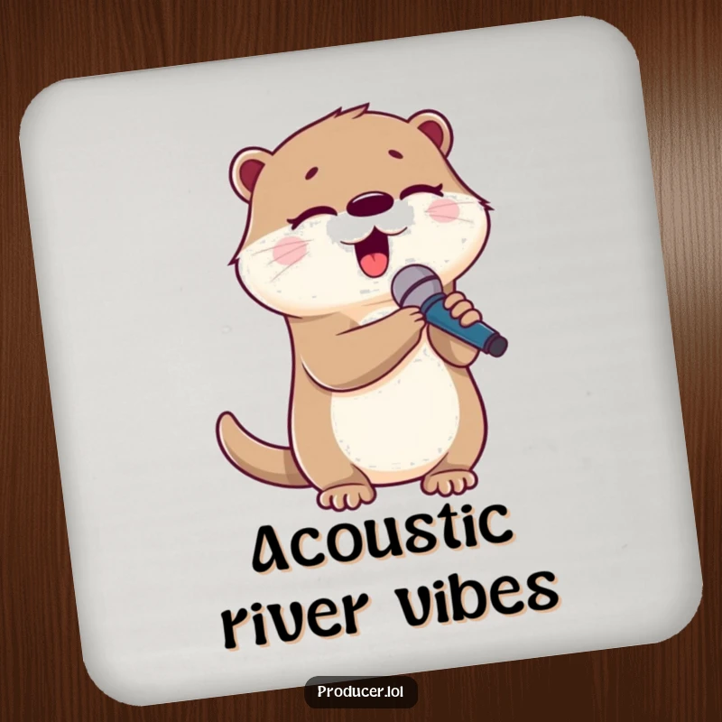 Funny otter singing coaster, cute animal holding a microphone, eyes closed, protecting surfaces with charm.