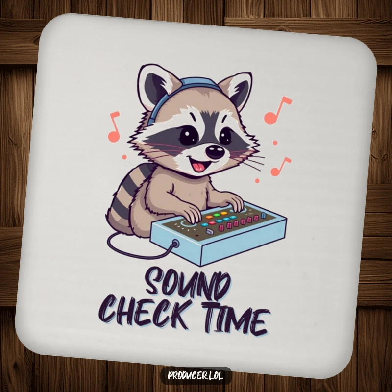 Funny Raccoon DJ Coasters: A smiling raccoon enthusiastically mixing sounds at a console, protecting surfaces with musical flair.