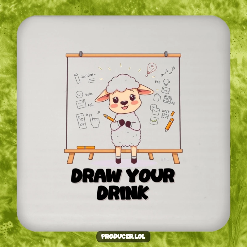 Funny Sheep Coaster showing a little sheep enthusiastically sketching a new idea on a large whiteboard, protecting surfaces, funny gift.