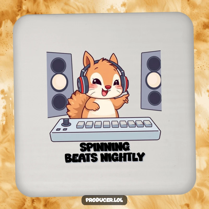 Funny Squirrel Soundboard Coasters: A cute squirrel wearing a headset enthusiastically presses soundboard buttons, adding musical charm and protection to surfaces.