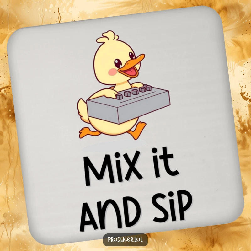 Funny duck coaster with a happy cartoon character energetically pushing a large mixing board, for drinks with baking humor.