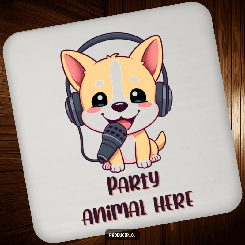 Funny drink coaster with a happy dog wearing a headset and microphone, protecting tables from drinks.