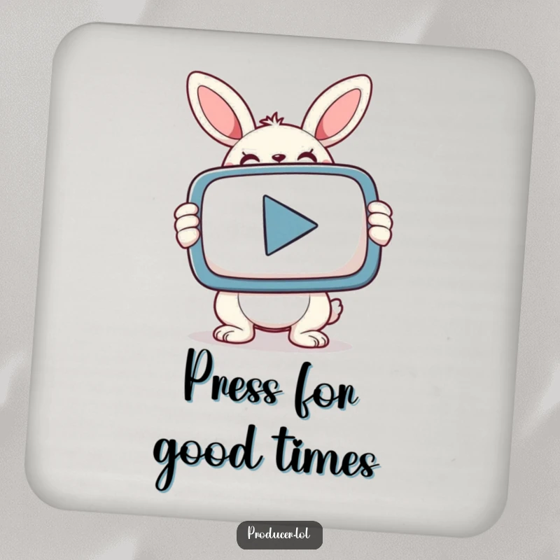 Funny smiling bunny determinedly holds a large PLAY button on a protective drink coaster.