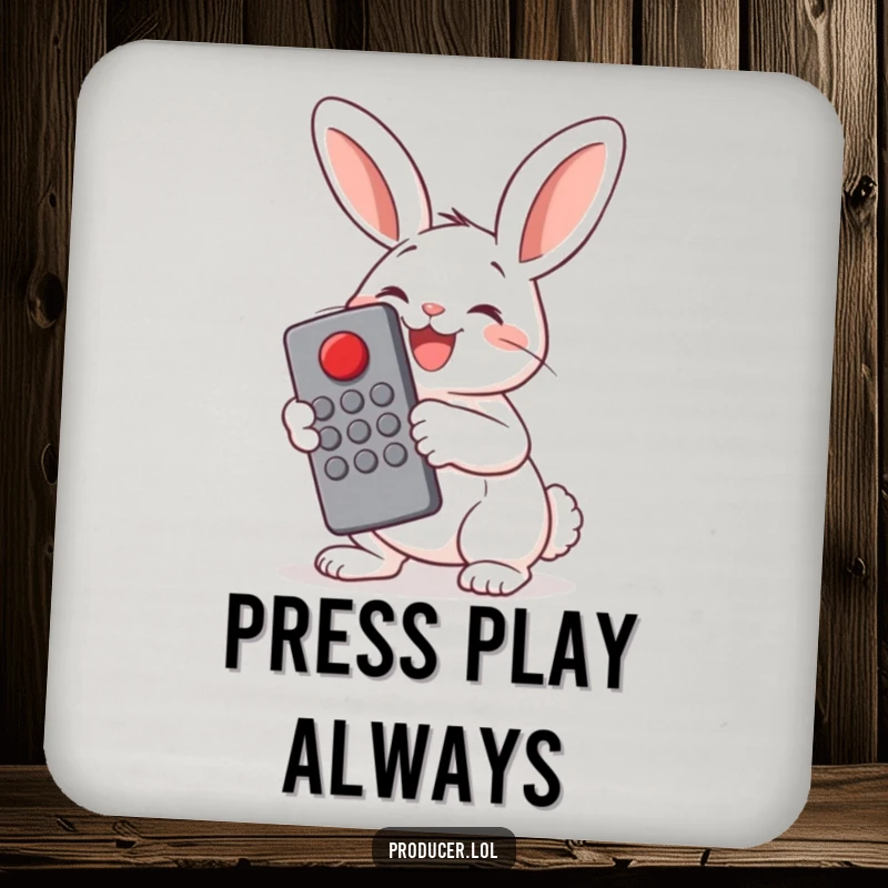 Funny Bunny Remote Control Coasters: A cheerful bunny gleefully presses a big red button with a large remote, adding playful power and protection.