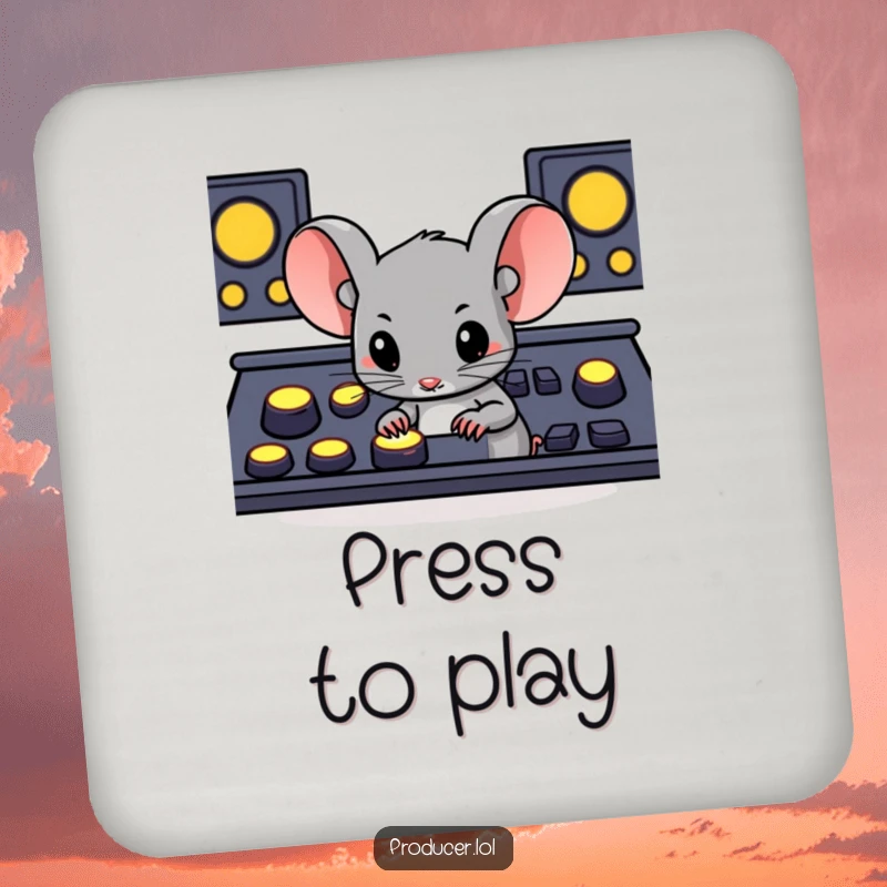 Funny determined mouse pressing large glowing buttons on a console, a humorous set of coasters for protecting furniture.