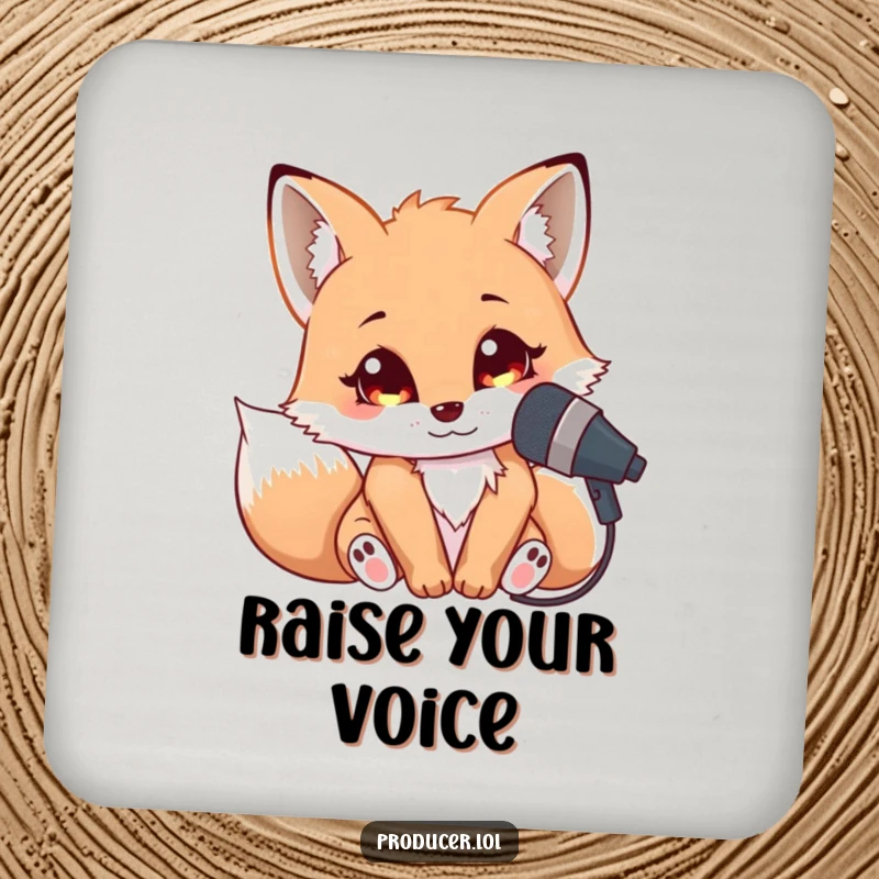 Funny Fox Singer Coasters: A cuddly fox leaning into a microphone with bright eyes, protecting surfaces with musical charm.