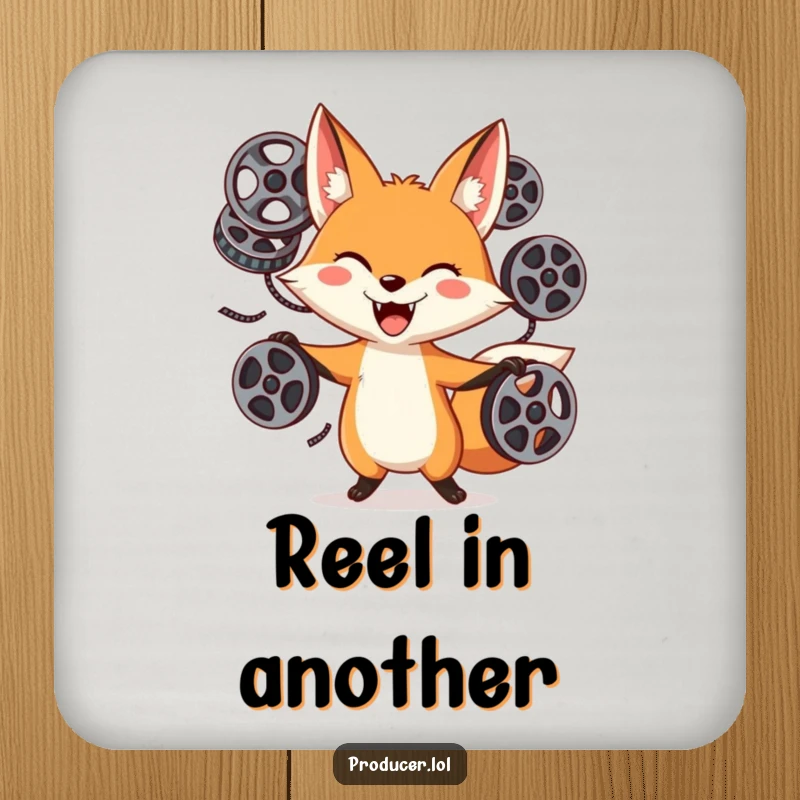 Funny Fox Film Reel Coasters: A playful fox juggles film reels, adding cinematic charm and protection to surfaces.