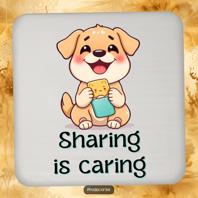 Funny coaster featuring a happy dog sharing a snack, protecting surfaces with a dose of canine cheer and a friendly vibe.