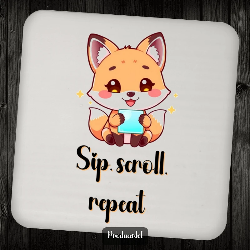 Funny Fox Tech Coaster: A playful fox smiles, captivated by a glowing screen, offering a humorous and protective layer for your drinkware.
