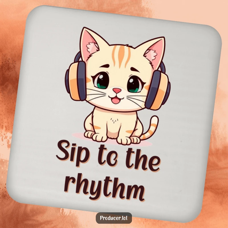 Funny determined cat wearing large headphones, focused and joyful, on this protective music-themed drink coaster.