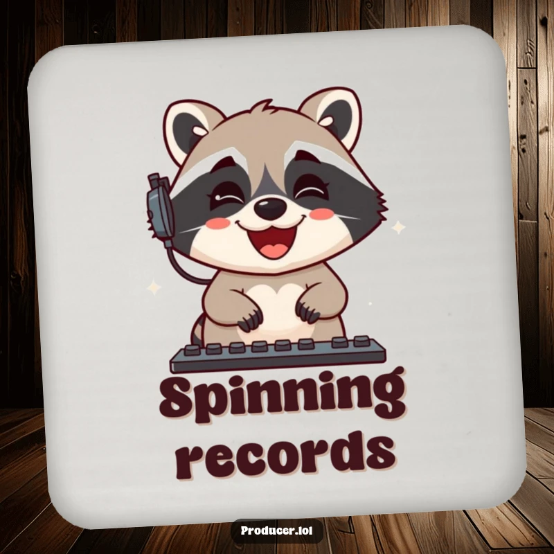 Funny Raccoon Coaster: A delighted raccoon gleefully mixes sound levels, protecting surfaces with humorous flair.
