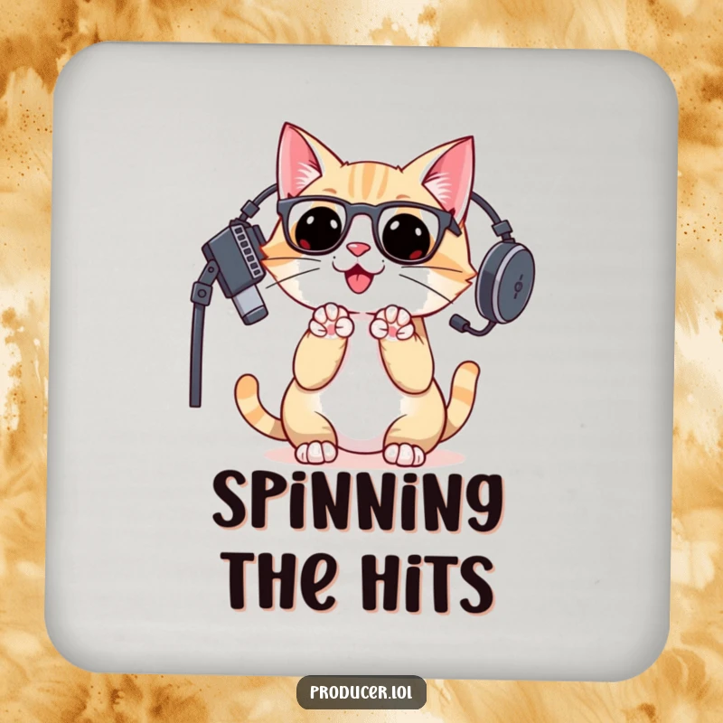 Funny cat DJ in studio headset vigorously clapping paws, depicted on a protective drink coaster.