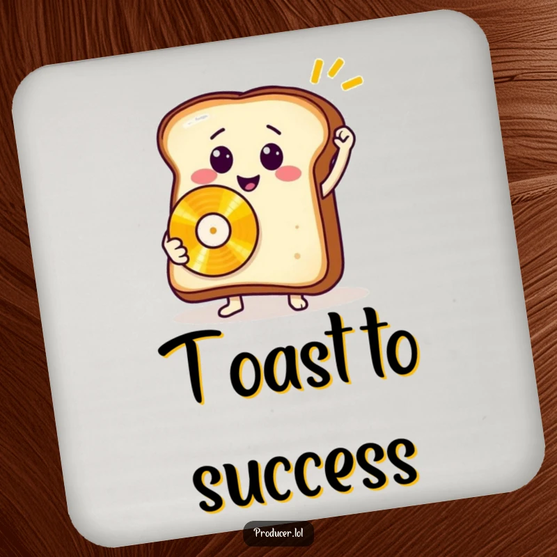 Funny toast record coaster, a protective disk with a smiling bread slice and golden record, bringing musical humor to your home.