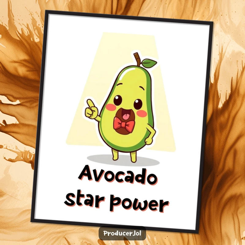 Funny avocado spotlight poster art, a dapper gentleman avocado pointing at a spotlight, celebrating stardom and healthy humor.