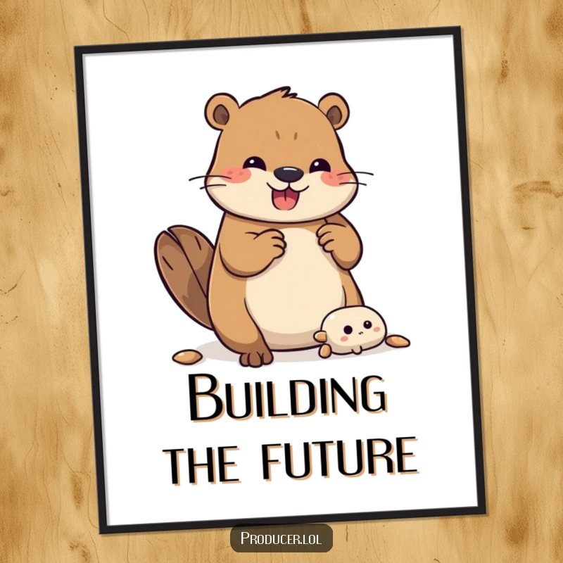 Funny Beaver Poster: An excited beaver is shown in the act of joyfully constructing an intricate project, adding humor to decor.