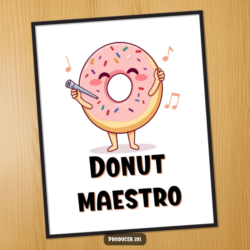 Funny donut conductor poster art, a joyful sprinkle donut leading an invisible orchestra, celebrating music and sweet treats.