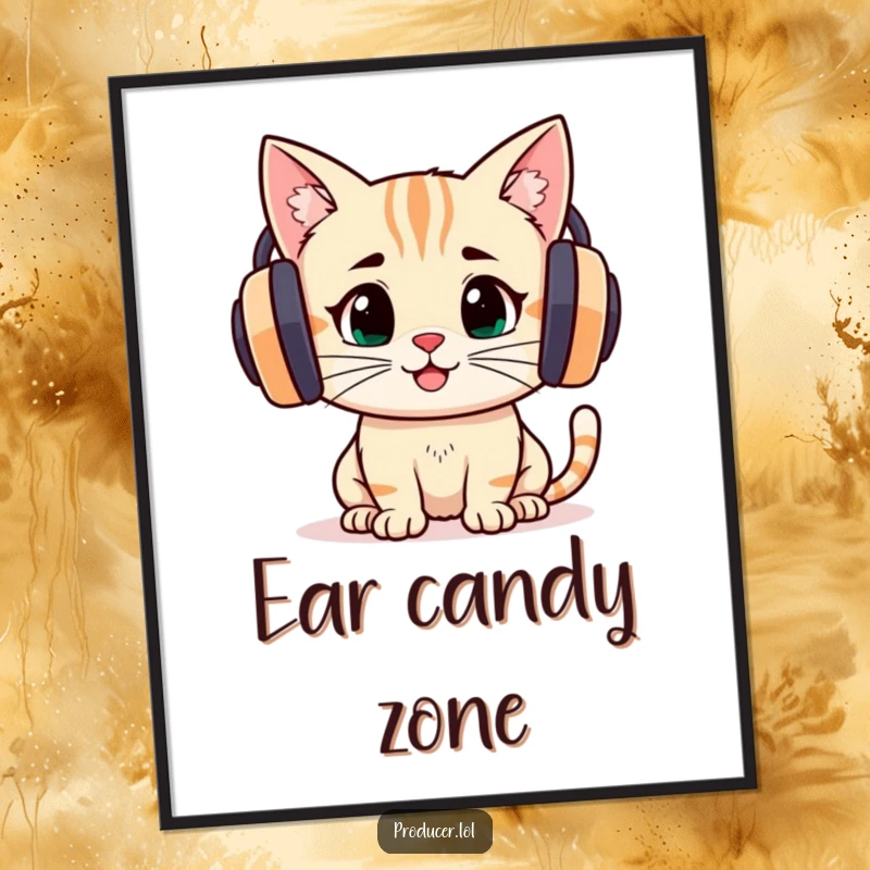 Funny cartoon cat intently listening through big headphones, with a joyful, focused expression, as a music art poster.
