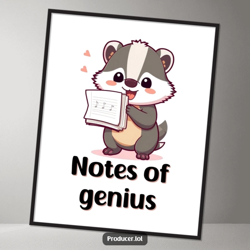 Funny Badger Producer Poster: A playful badger excitedly holding a large stack of music production notes, showcasing dedication.