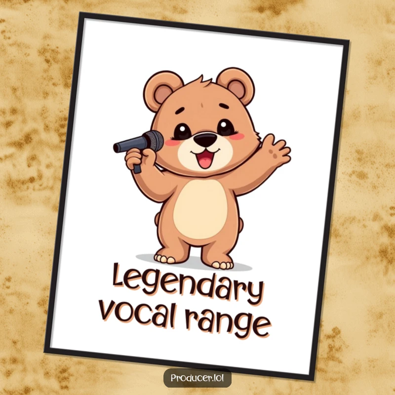 Funny Bear Cub Poster: A proud bear cub with a microphone, striking a dramatic pose, ready to serenade, a humorous wall art.