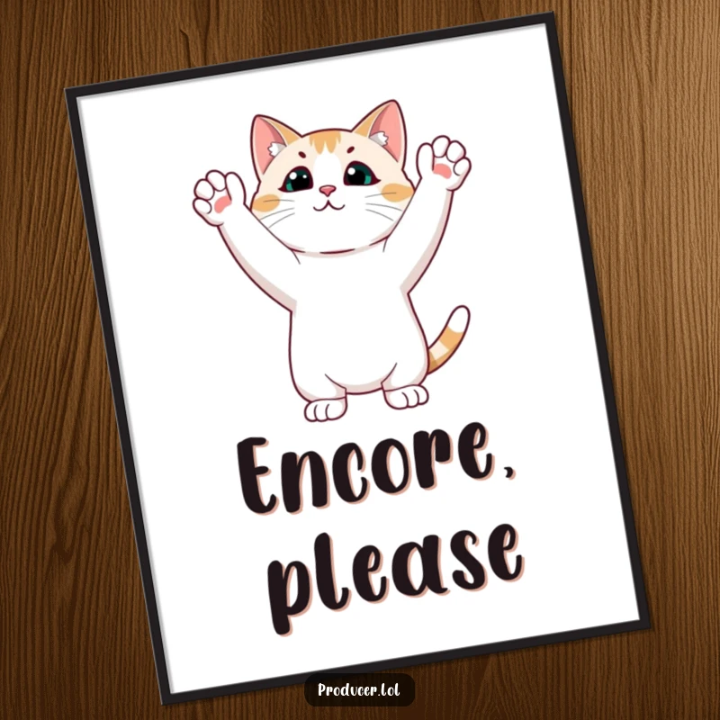 Funny cat poster showing a cat standing and giving a enthusiastic ovation with its hands raised, perfect wall art.